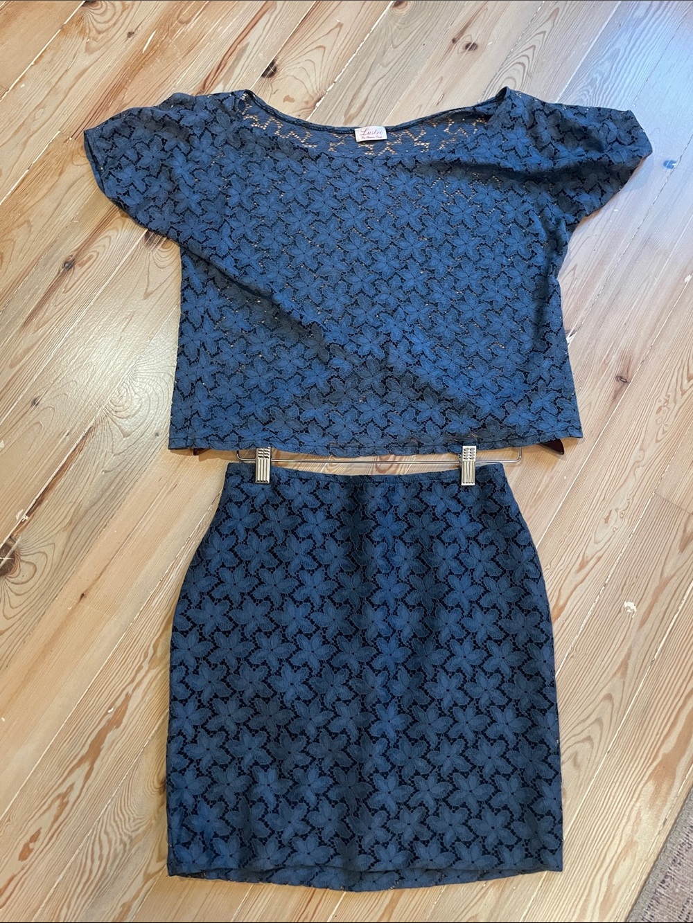 Blue Lace Two-Piece Top and Skirt Set - Lustre Montreal